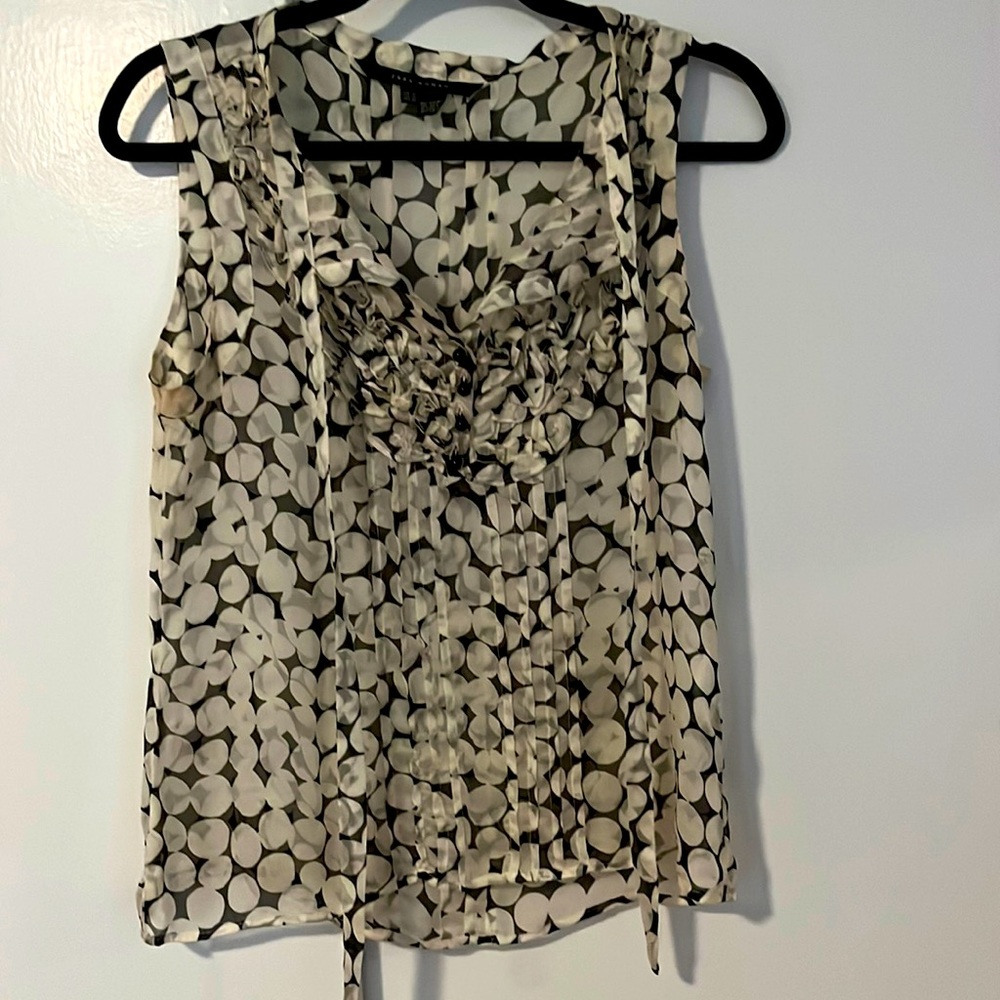 Sheer white and black sleeveless blouse with ruffle detail size M